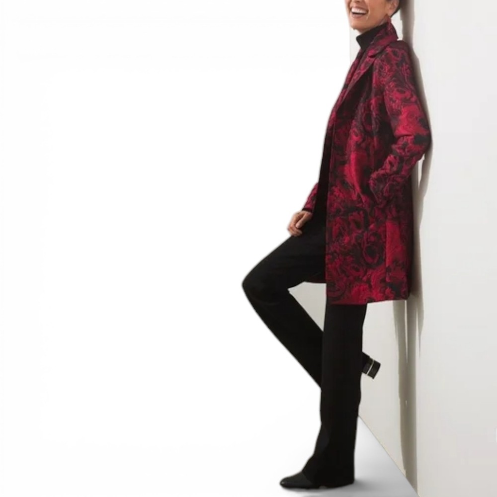 Chico's Wild Poppy Rose Jacquard Topper Jacket Red‎ Black Size 2 US 12/14 NEW - Picture 3 of 12
